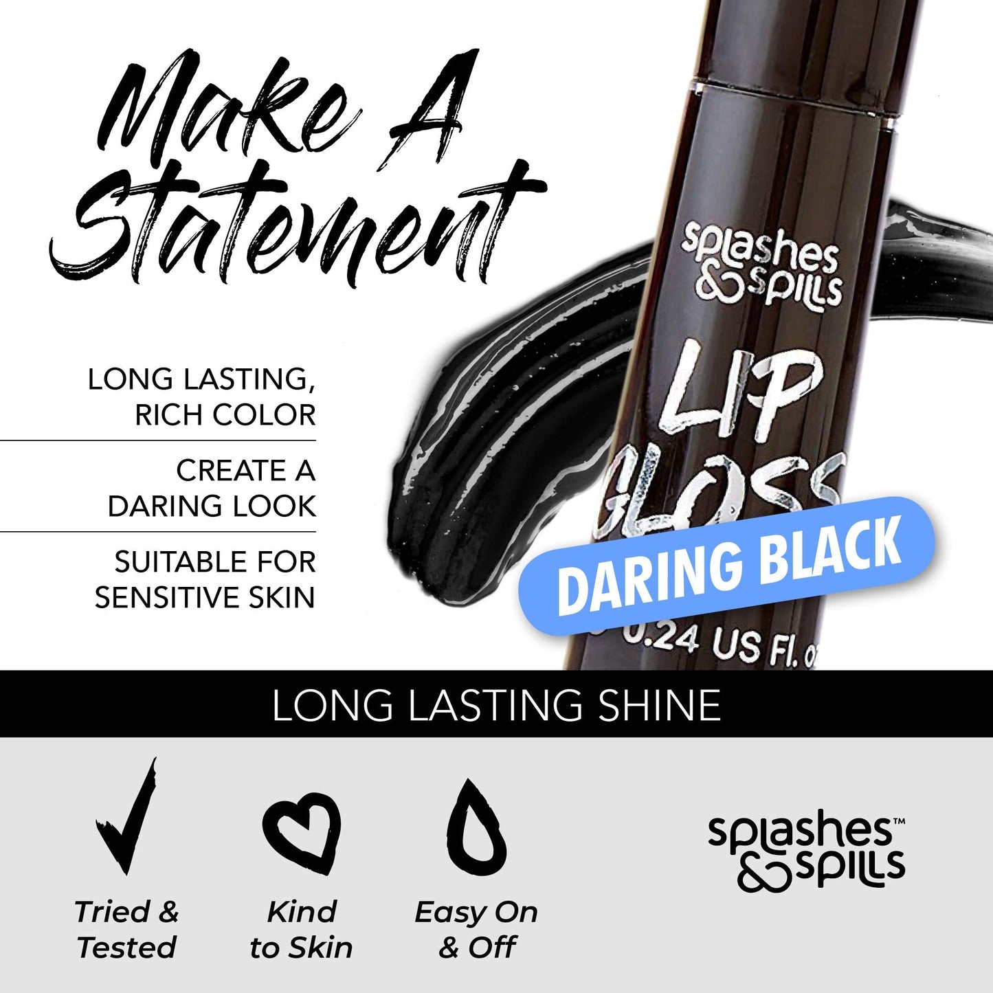 Luxurious Black Lip Gloss - Vibrant Color with Full Coverage and Shiny Finish, Moisturizing Formula Nourishes Lips - 2 Pack - by Splashes & Spills Beauty & Personal Care splashes & spills