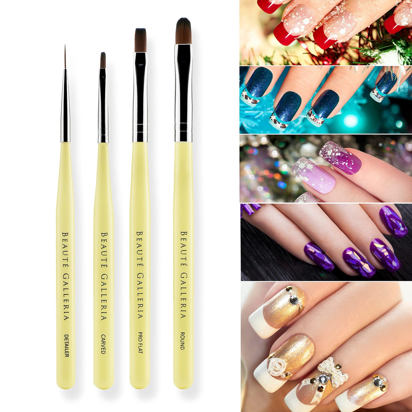Beaute Galleria 4-Piece UV Gel Nail Art Brush Set - Pro Flat, Carved, Detailer, Round for Fine Line, Detailer, Outline, Striping, Polygel Nails, Gel Beauty & Personal Care BEAUTÉ GALLERIA