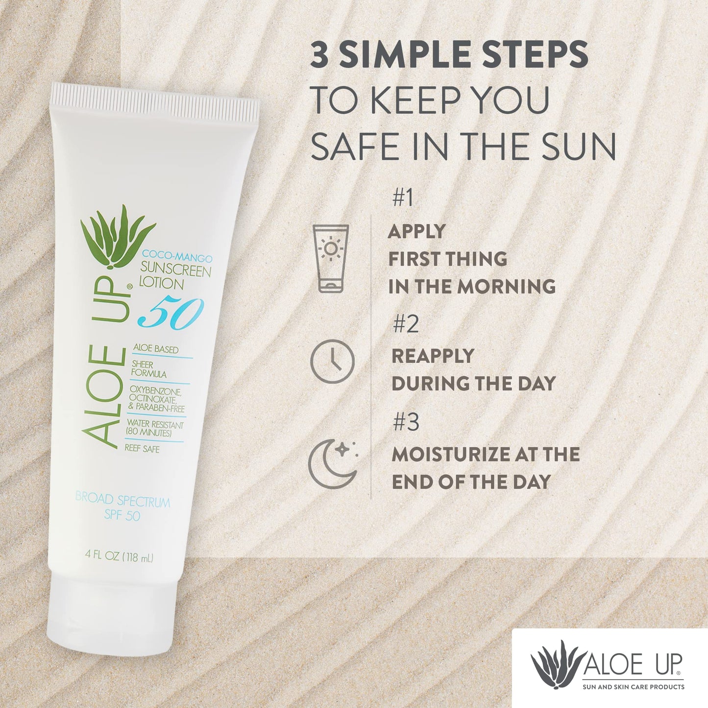 Aloe Up SPF 50 Sunscreen for Sensitive Skin – Broad Spectrum Face & Body Sunblock with Aloe Vera, Reef-Safe, Hydrating Coco-Mango, 4oz Beauty & Personal Care ALOE UP