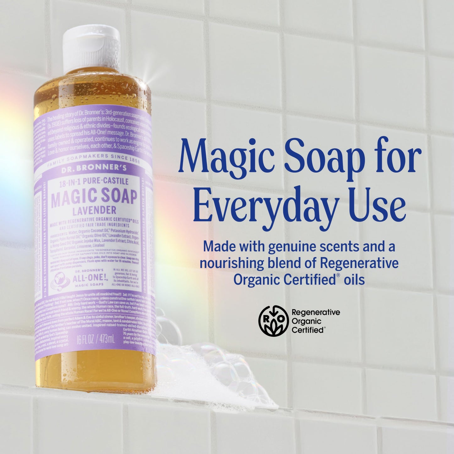 Dr. Bronner's Pure-Castile Magic Liquid Soap (Lavender, 16 Ounce, 2-Pack)- Made with Regenerative Organic Certified Oils, 18-in1 Uses: Face, Hair Beauty & Personal Care Dr. Bronner's