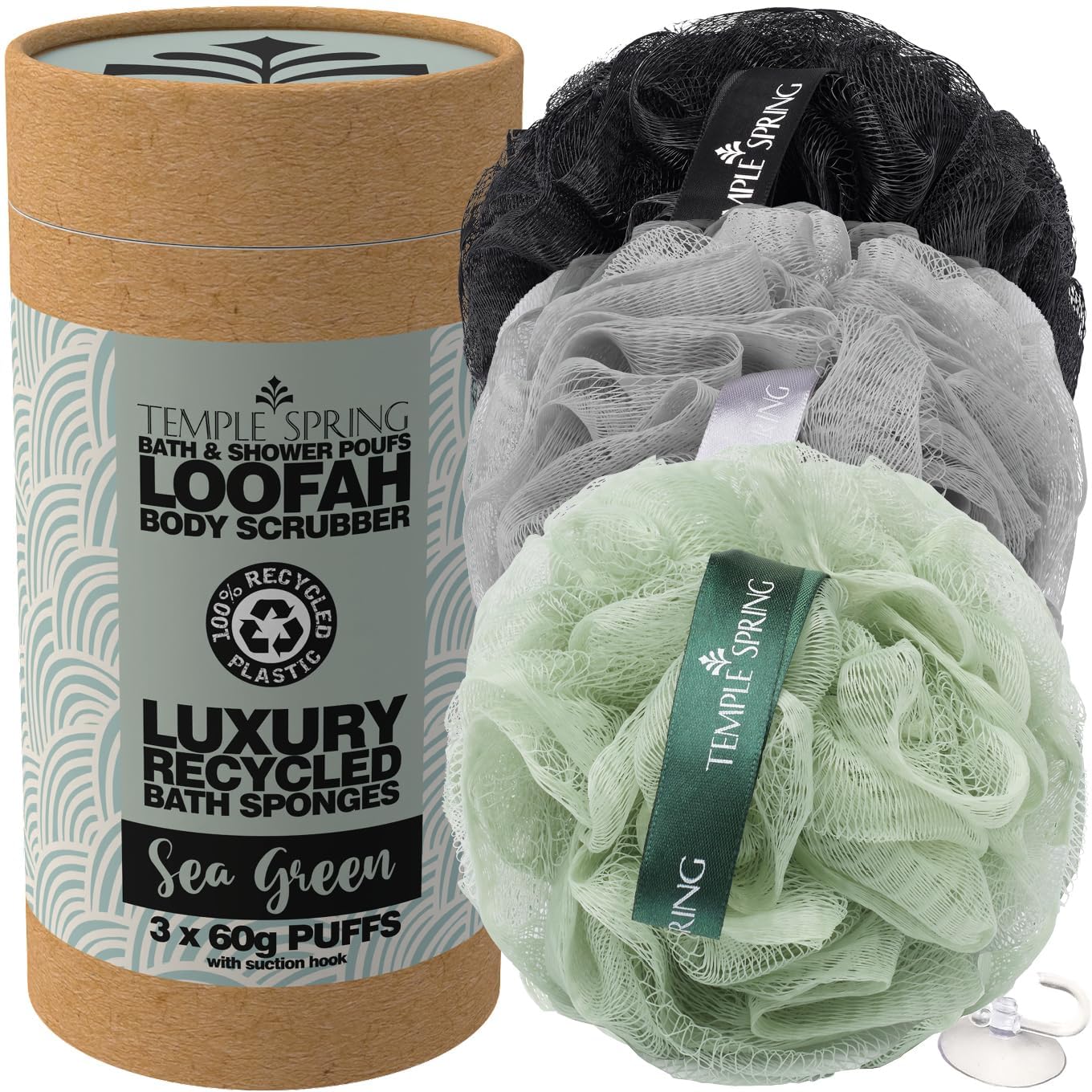 Temple Spring Recycled Luffa Sponges, Bathroom Shower Accessories, Loofa Bath Sponge, Exfoliating Body Scrubber Exfoliator Pouf, Shower Scrubber Puff Beauty & Personal Care Temple Spring