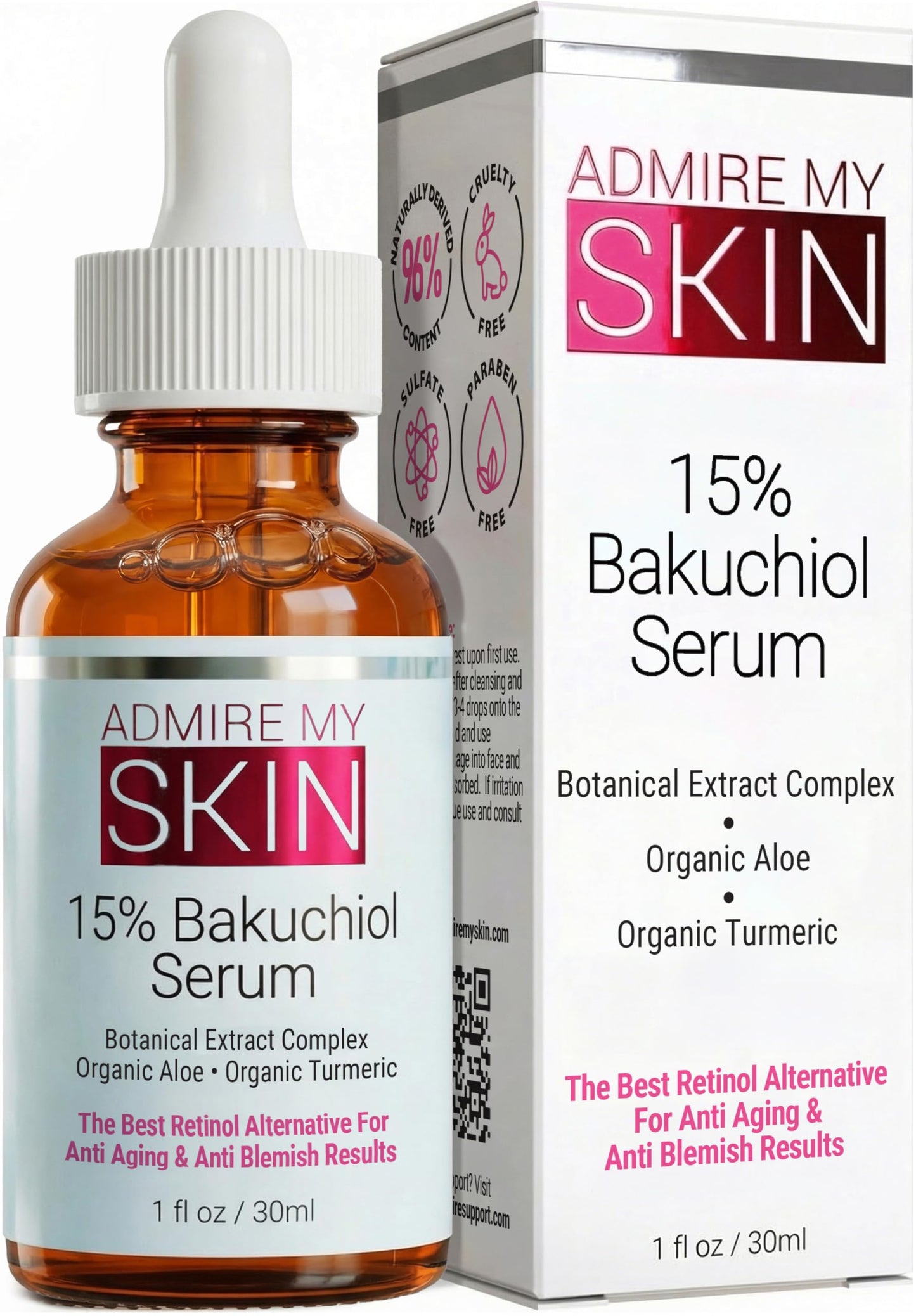 Admire My Skin 15% Bakuchiol Serum Natural Retinol Serum Alternative for Face - Anti Blemish Anti Aging Facial Serum With Organic Aloe + Turmeric 1oz Beauty & Personal Care Admire My Skin