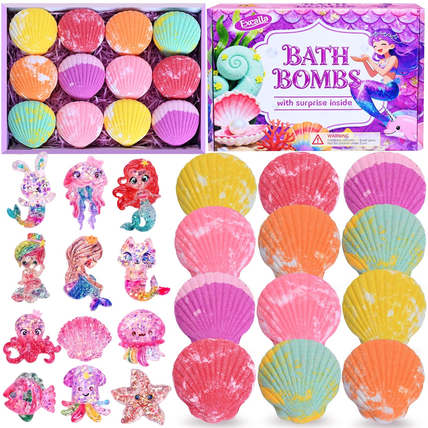 Bath Bombs for Kids with Surprise Toys Inside, 12 Pcs Kids Bath Bombs Gifts for Birthday Christmas Easter Party Favor, Handmade Shell Bubble Bath Kit Beauty and Personal Care Excalla