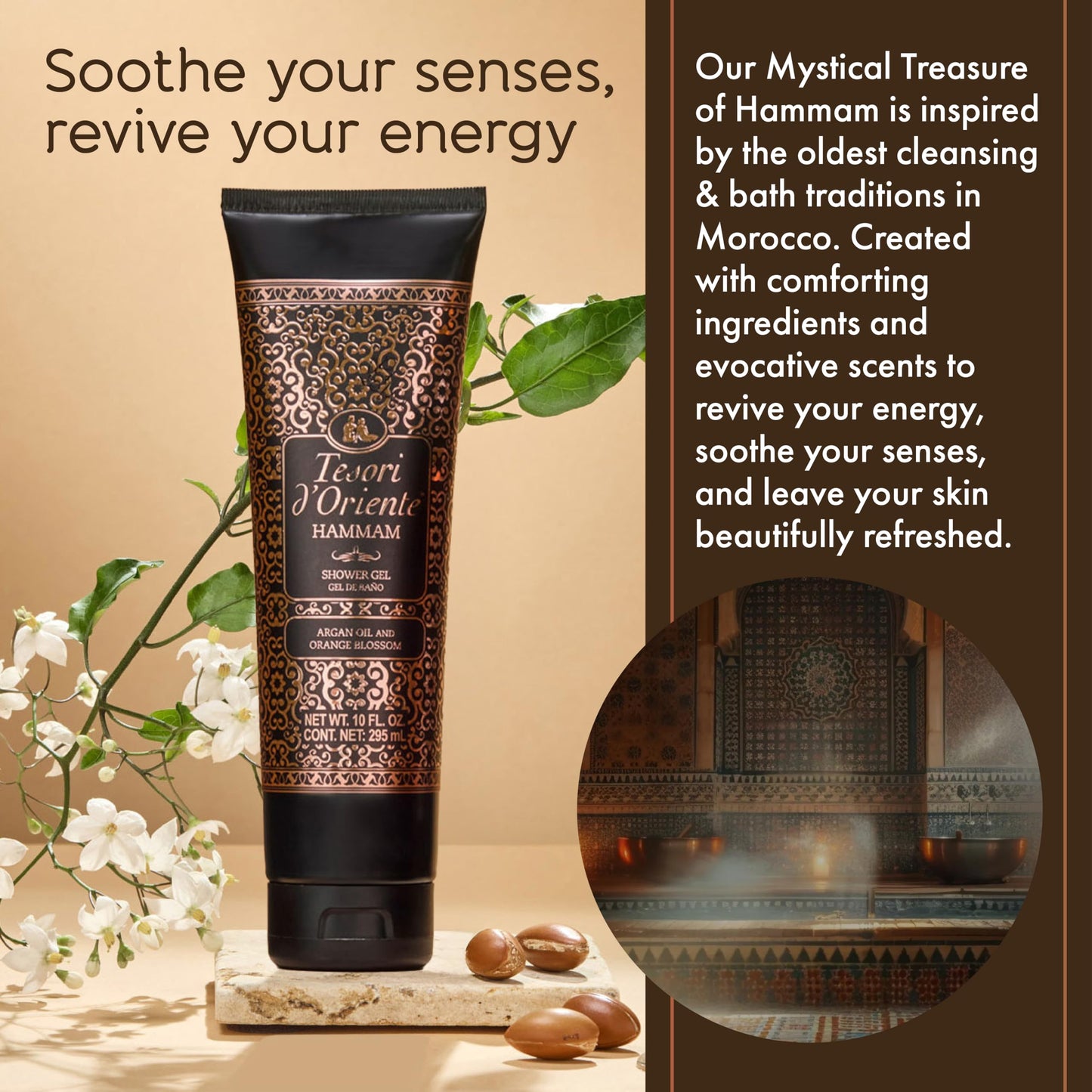 Tesori d’Oriente Hammam Shower Gel, 10 fl oz, Gentle, Hydrating Body Wash with Argan Oil & Vitamin E, Warm Orange Blossom Scented, No Silicones Beauty & Personal Care Tesori d'Oriente