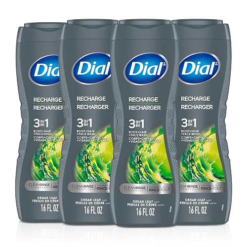 Dial Men 3 in 1 Body, Hair and Face Wash, Recharge, 16 Fl Oz (Pack of 4), Cedar Leaf Scent, Cleanses Deep + Gentle on Skin with Clean Rinse Technology Beauty & Personal Care Dial