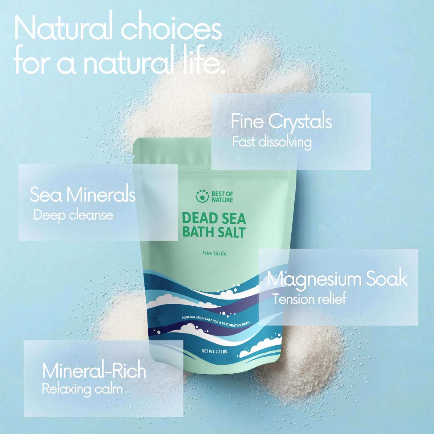 Best of Nature Dead Sea Salt 2.2 lb Fine Grain Bath Soak Salt, Mineral-Rich Crystals, Resealable Bag, Made in the USA Beauty and Personal Care Best of Nature