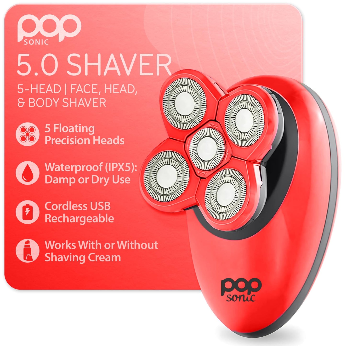 Pop Sonic 5-Head Electric Shaver - Face, Head & Body Shaver - Waterproof USB Rechargeable Trimmer - Floating Precision Heads - Razors for Women Beauty and Personal Care Pop Sonic