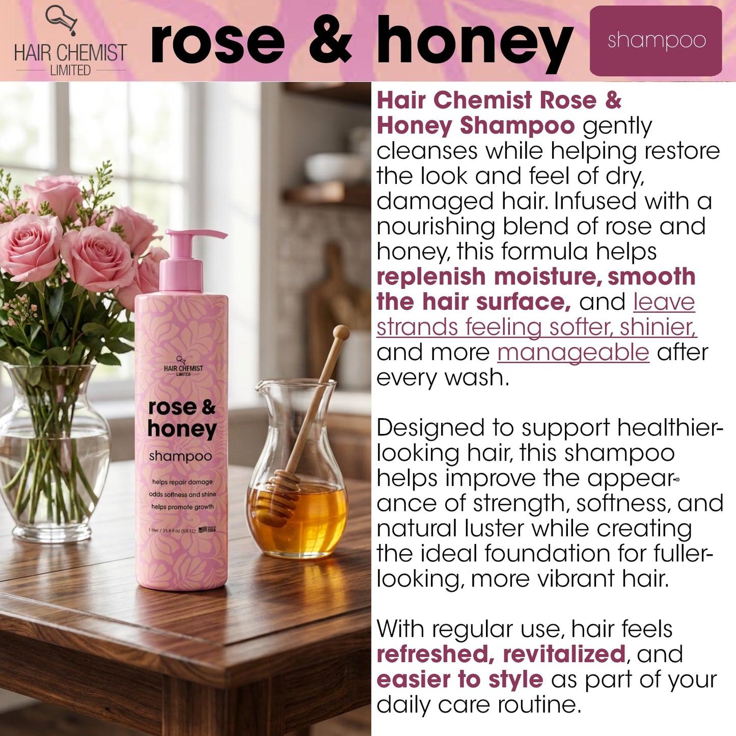 Hair Chemist Rose & Honey Shampoo 33.8 Ounce & Conditioner 33.8 Ounce 2-PC Set Beauty & Personal Care Hair Chemist