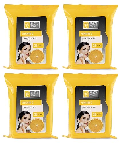 Global Beauty Care Bulk Cleansing Wipes Premoistened 4 Pack of Vitamin C Cleansing Cloths Makeup Removal Wipes - Great For Travel Toiletries - 100 Beauty & Personal Care Global Beauty Care