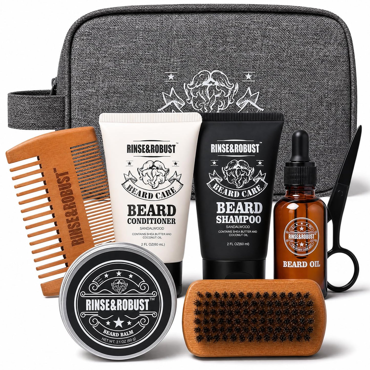 Rinse & Robust Beard Kit for Men, Christmas Gifts for Him, Beard Care & Grooming Travel Set, Beard Oil & Balm Gift Set with Toiletry Bag, Holiday Beauty and Personal Care Rinse & Robust
