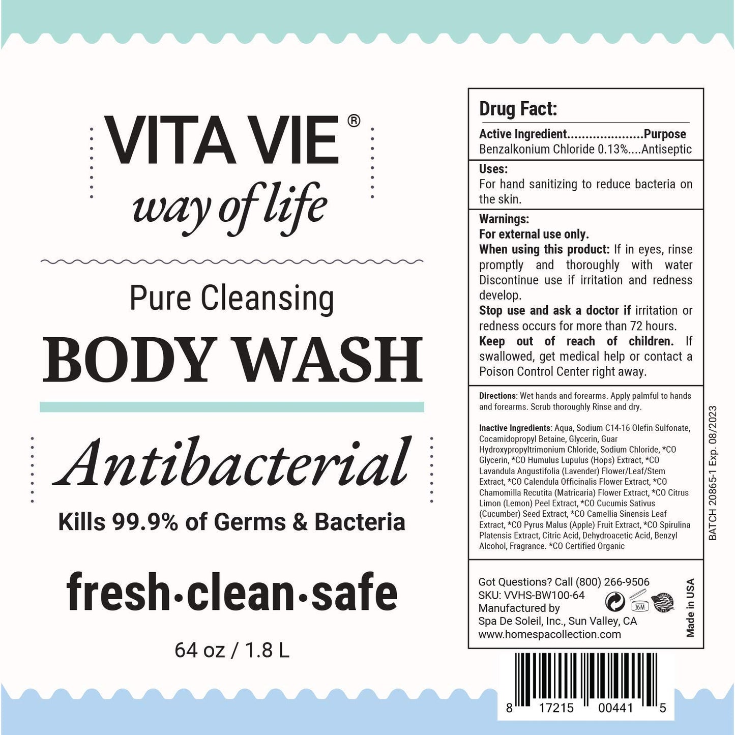 VITA VIE Body Wash Refill, Lemon Scent, Antibacterial Soap for Hands and Forearms With Hazel, Willow Bark Extract, and Tea Tree Oil, Clean Nourishing Beauty & Personal Care VITA VIE