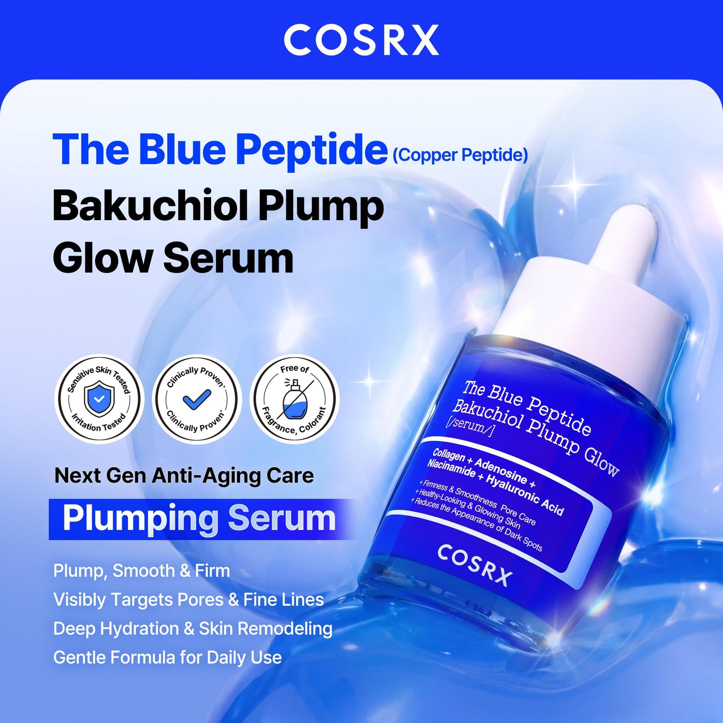 COSRX The Blue Copper Peptide Bakuchiol Serum, Korean Peptide Plumping Serum for Face, GHK-Cu Copper Peptides with Bakuchiol, Glow & Plump, Anti-aging Beauty and Personal Care COSRX