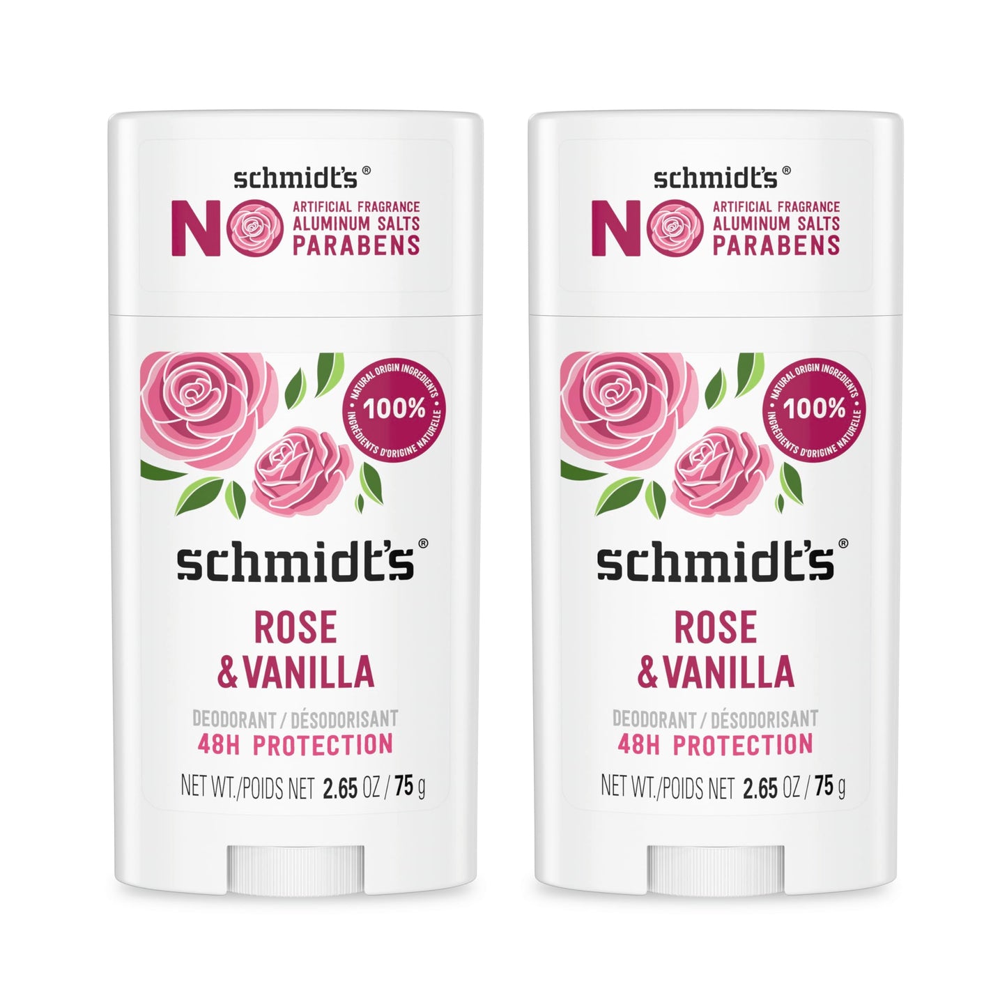 Schmidt's Aluminum-Free Vegan Deodorant Rose & Vanilla with 24 Hour Odor Protection 2 Count for Women and Men, Natural Ingredients, Cruelty-Free, 2.65 Beauty and Personal Care Schmidt's