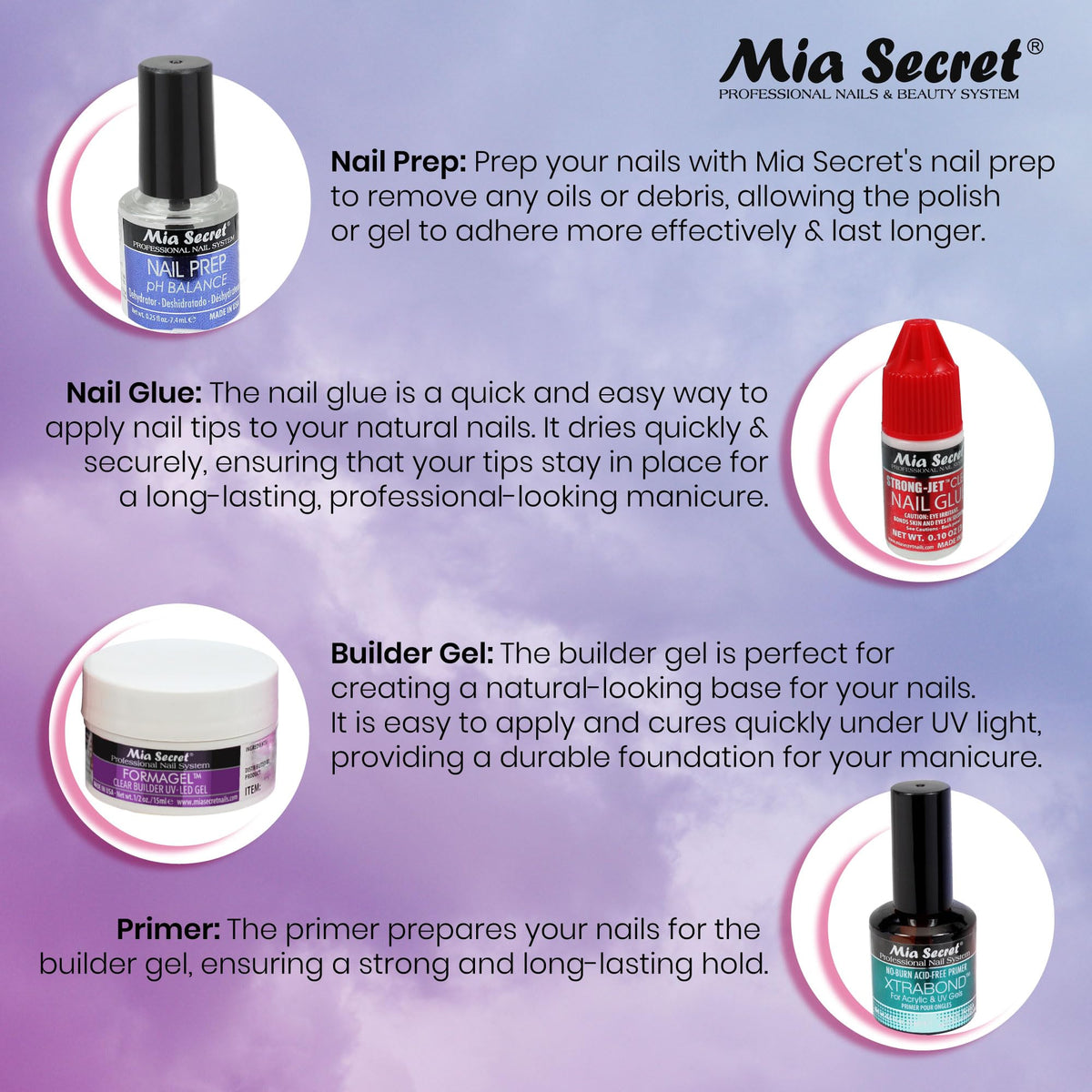Mia Secret Formagel Builder Gel Kit CONTAINS: Nail Prep, Topcoats, Builder gel, Nail Files (Clear Kit)