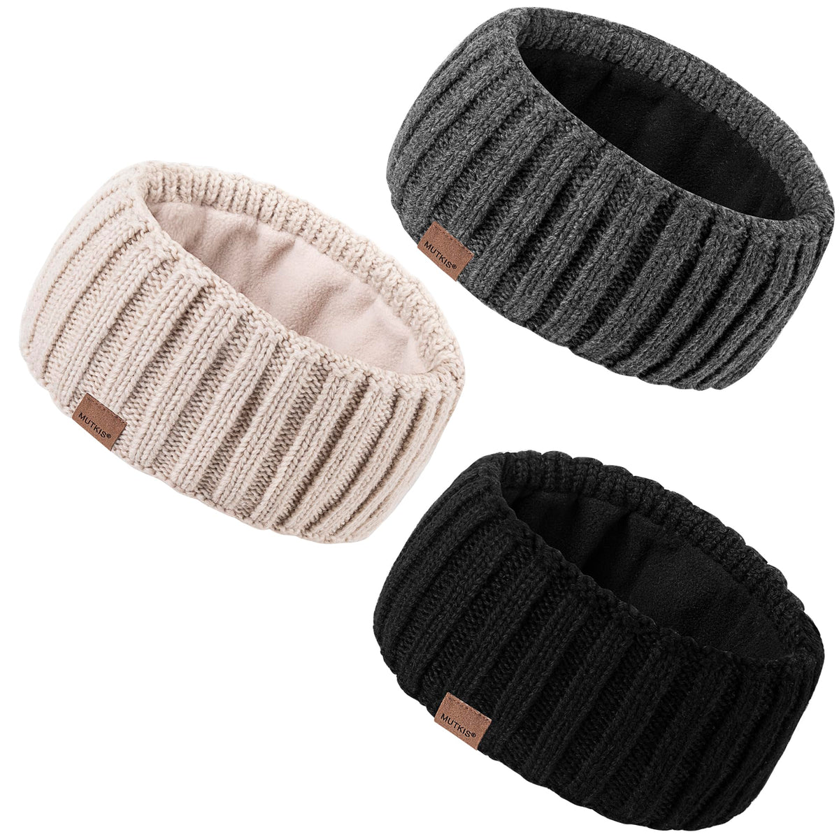 MUTKIS Winter Headbands for Women 3 Pack, Ear Warmers for Women Headband Wool Knit Thick Fleece Lined, Cold Weather Warm Ear Muffs(Black&Beige&Dark