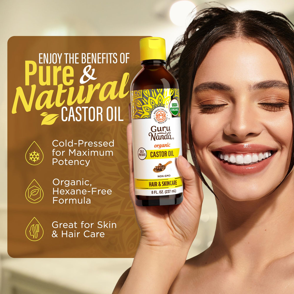 GuruNanda Castor Oil Organic USDA Certified (8 Fl oz) - 100% Pure & Natural, Cold Pressed & Hexane-Free, Hydrating Carrier Oil for Skin, Hair Beauty & Personal Care GuruNanda