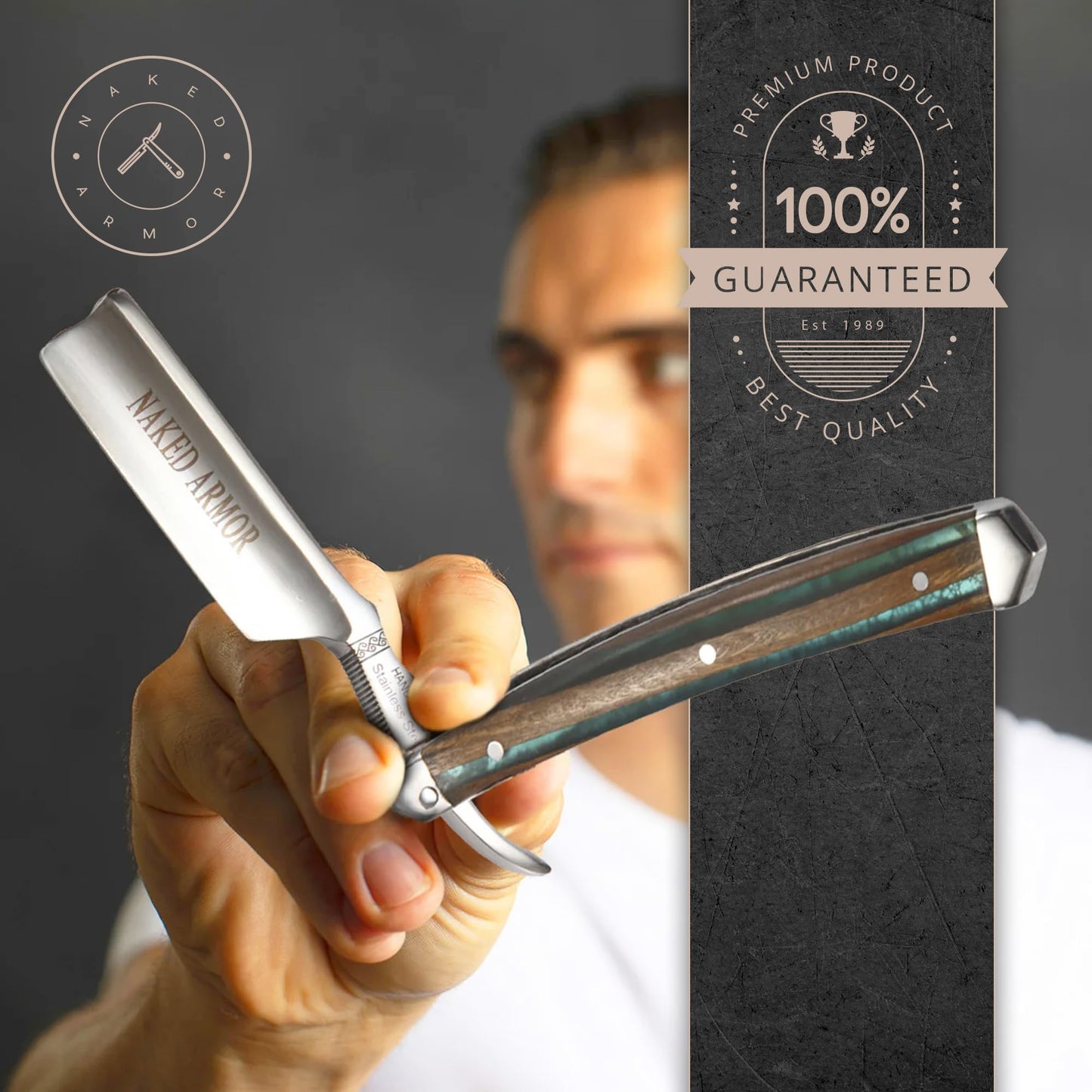 Naked Armor Safir Straight Razor for Men - Shave Ready 7/8" Barber's Notch Japanese Stainless Steel Straight Edge Razor, Sandalwood Scale, Beard Beauty and Personal Care Naked Armor