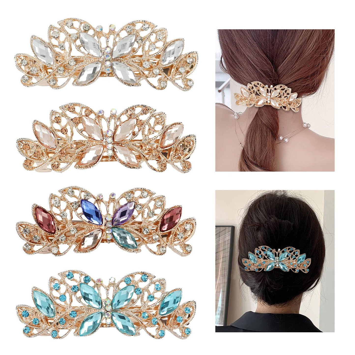 Lawie 4 Pack Luxury Butterfly Jeweled Crystal Rhinestone Glitter Sparkly Metal Hair Barrettes Snap Clips Hairpins Hairgrip Thin Thick Bun Twist Holder Beauty & Personal Care Lawie