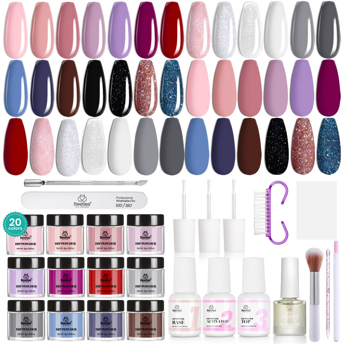 Beetles Dip Powder Nail Kit Starter, 20 Colors Nude Pink Blue Glitter