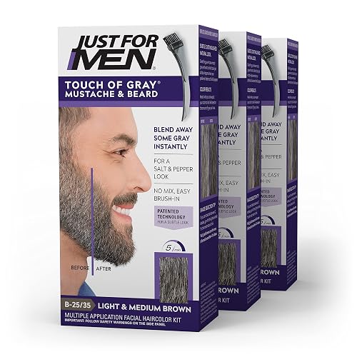 Just For Men Touch of Gray Mustache & Beard, Beard Coloring for Gray Hair with Brush Included for Easy Application, Light & Medium Brown B-25/35, Pack Beauty & Personal Care Just for Men