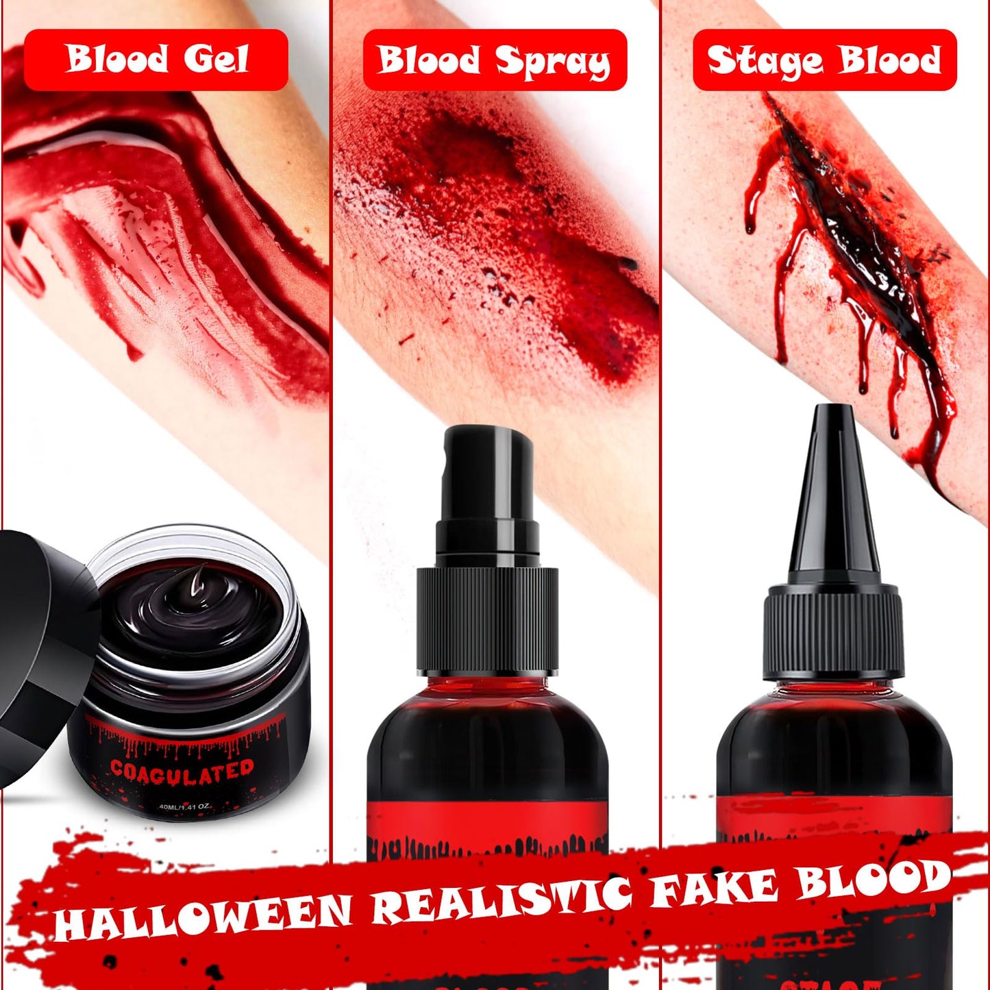 Halloween Fake Blood Makeup Kit 3PCS, Blood Spray 2.1oz, Dripping Blood 2.1oz, Coagulated Gel 1.41oz, Washable SFX Makeup Set for Vampire Zombie Beauty & Personal Care LIMUIKA