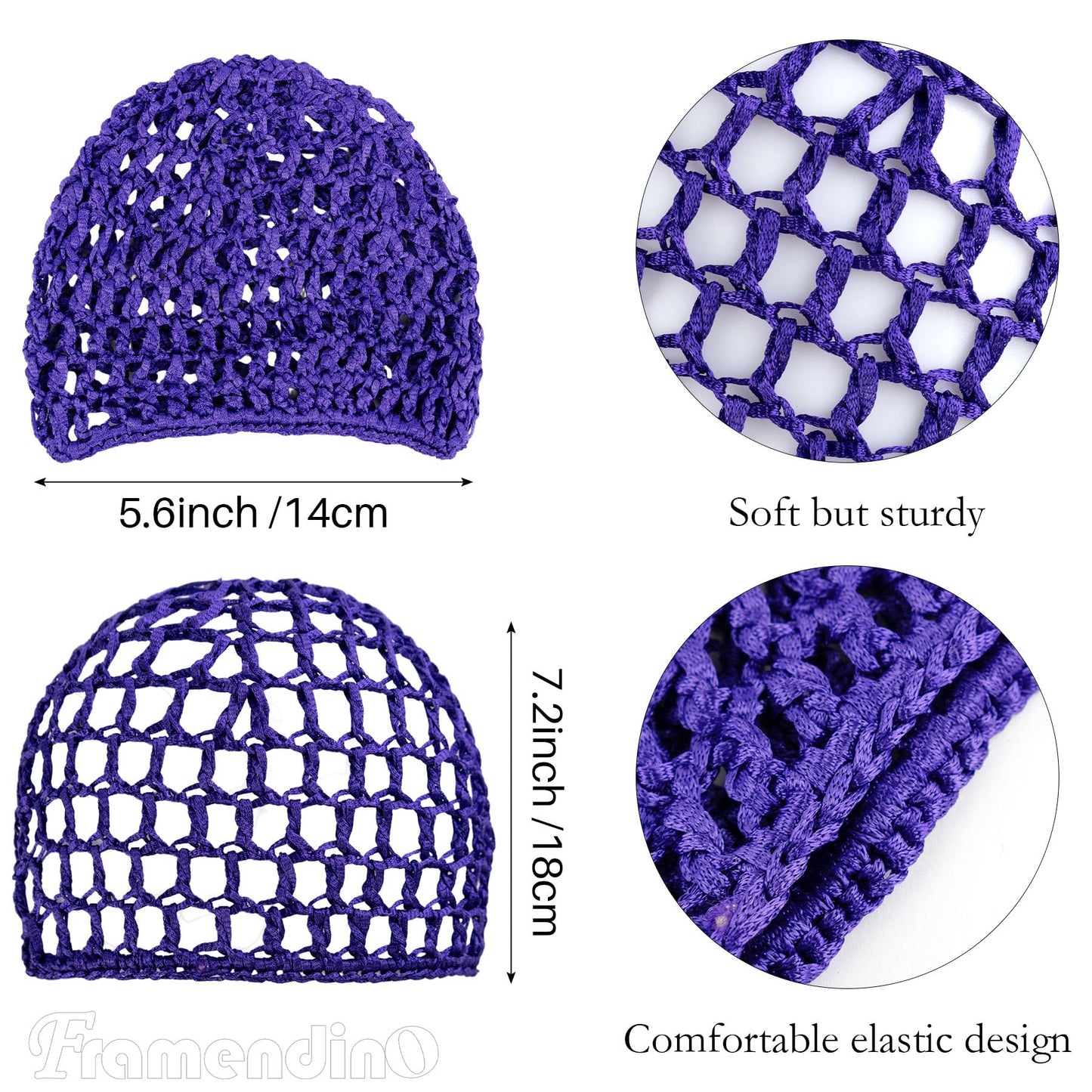 Framendino, 3 Pack Mesh Crochet Hair Net Rayon Knit Snoods Hat Thick Hairnet Snood Cover Ornament for Night Sleeping Accessories (Blue & Pink Purple) Beauty and Personal Care Framendino