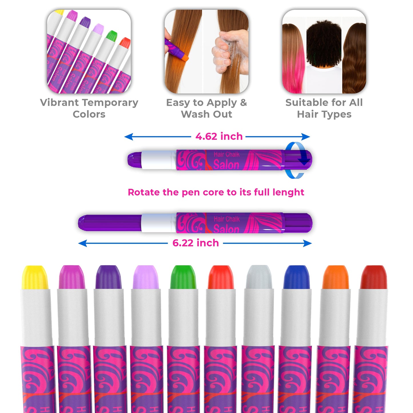 Desire Deluxe Girls Gifts Hair Chalk - 10 Temporary Washable Color Pens for Kids, Teenage, Make Up & Dress Up Colourful Styles Set Toy for Christmas Beauty and Personal Care Desire Deluxe