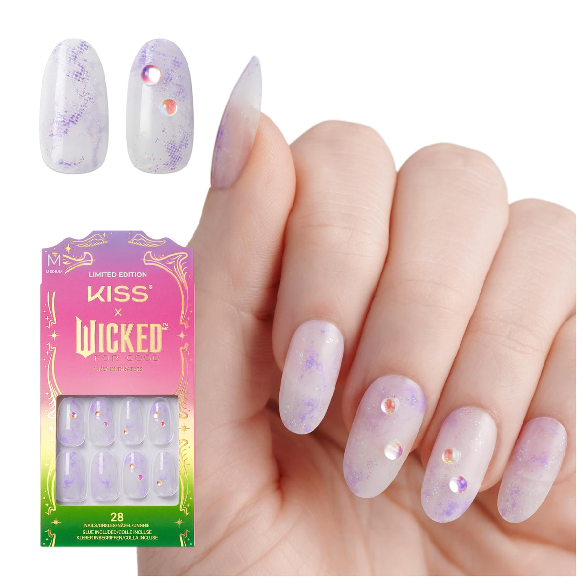 KISS X WICKED: FOR GOOD Press On Nails, ‘Bubble Of Brilliance’, Purple, Medium Oval, Waterproof, Chip Proof, Smudge Proof, 28 Fake Nails, Pink Gel