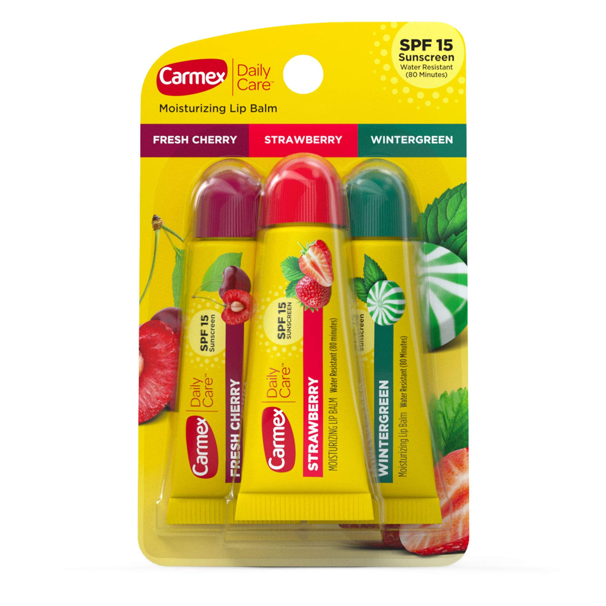 Carmex Daily Care Moisturizing Lip Balm Pack, Lip Balm With Sunscreen in Fresh Cherry, Strawberry and Wintergreen -0.35 Ounce (Pack of 3) Beauty & Personal Care Carmex