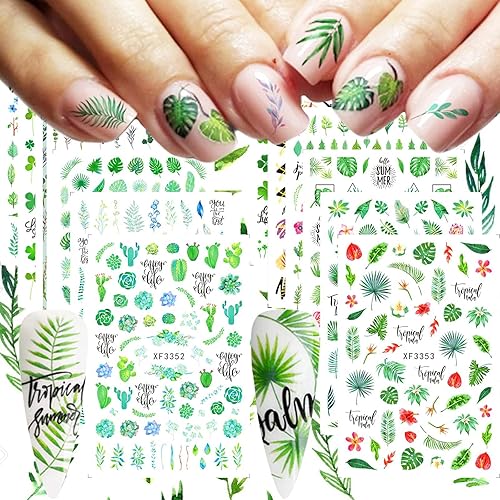 12 Sheets Summer Leaf Nail Art Stickers 3D Self-Adhesive Nail Decals Nail Art Supplies Palm Leaves Clover Nail Design for Women Manicure Nail Beauty & Personal Care ONEUPIN