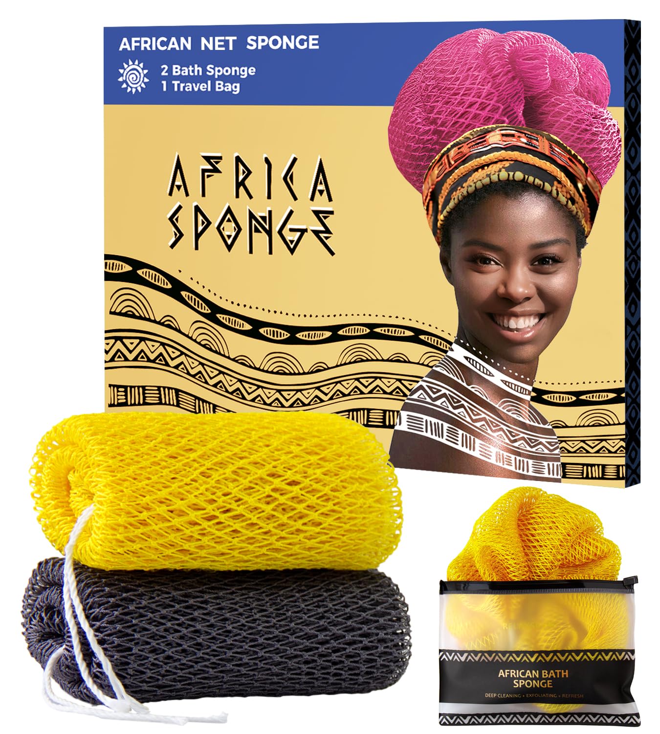 African Net Sponge Authentic - 2 Pieces Exfoliating Body Scrubber Bath Sponge York&Slate - Back Scrubber Washcloth for Shower - Real African Scrub Beauty and Personal Care RelaxScene