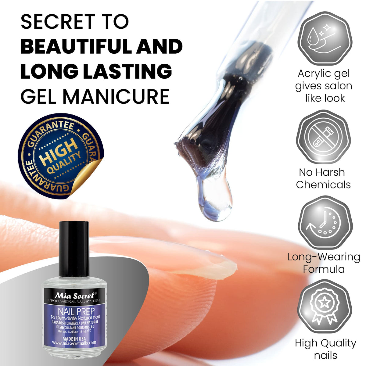 Mia Secret Acrylic Nail Kit: 1/2 oz liquid monomer, 1/2 oz clear acrylic powder, ultra quick nail glue, 1/2 oz ultra gloss top coat, fancy 20 nail