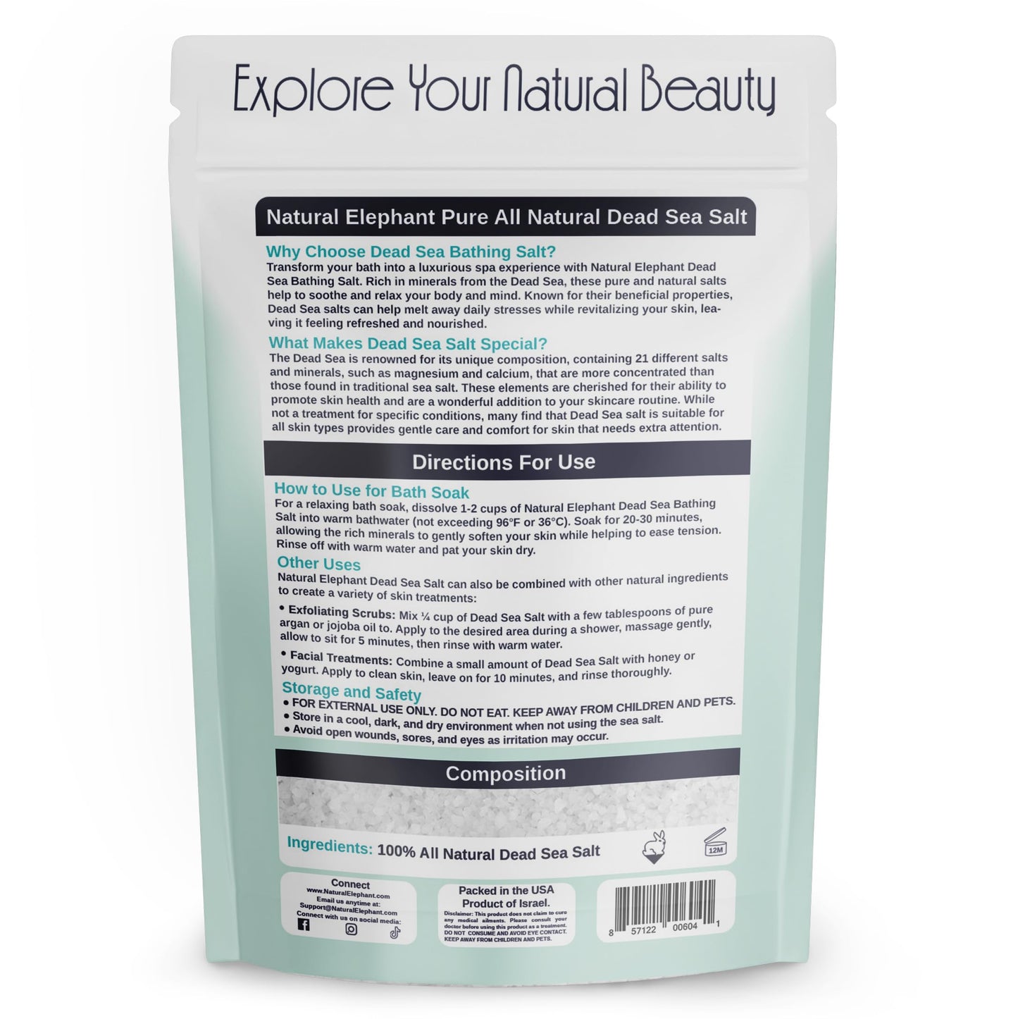 Natural Elephant Dead Sea Bath Salt | 2 Pound Bag (32oz) | 100% Natural and Pure| Coarse Grain | Ideal for Baths and Soaks Beauty & Personal Care Natural Elephant