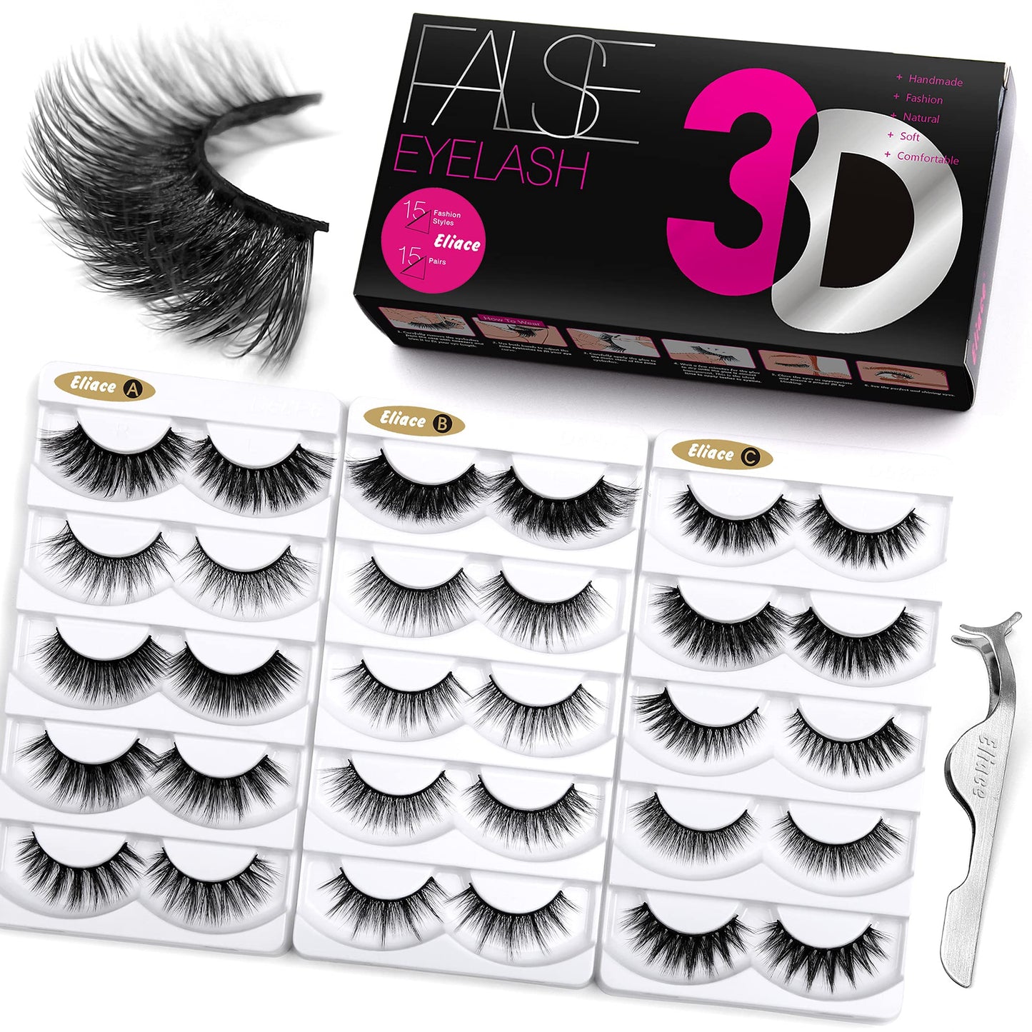 Eliace 3D Mink Lashes Natural Look 15 Mixed Styles 15 Pairs Fake Eyelashes Bulk Pack Handmade Luxurious Volume Fluffy Natural False Eyelashes Beauty & Personal Care Eliace