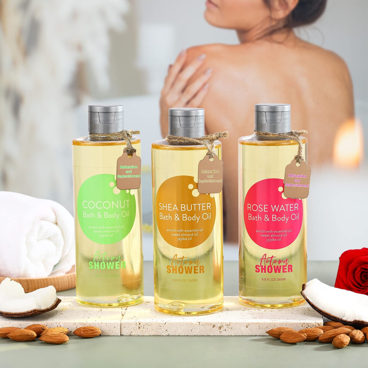 Autumn Shower Bath and Body Oil with Sweet Almond Jojoba, Shea Butter, Rose Water, Coconut Bath Oils Mother's Day Gift for Women, Multiuse Oil Beauty & Personal Care Autumn Shower