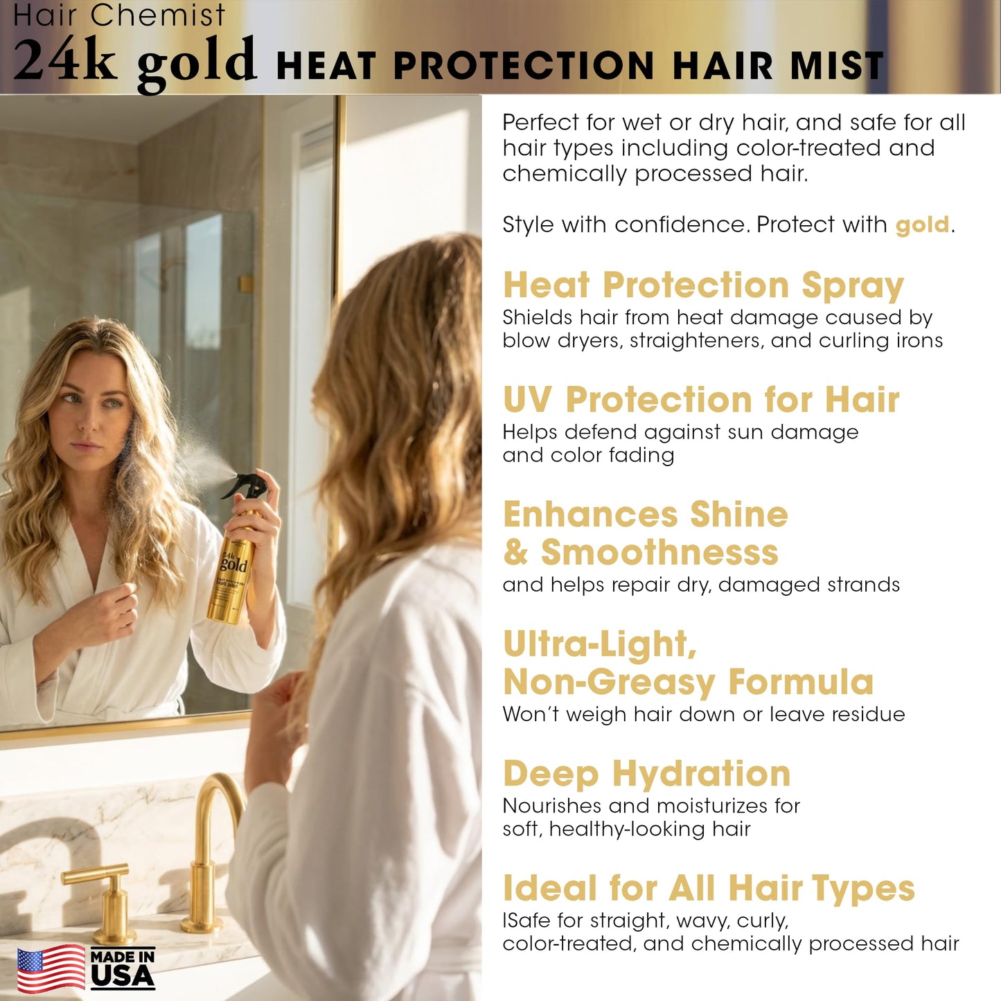 Hair Chemist 24k Gold Heat Protection Hair Mist 8 Ounce- UV & Thermal Heat Protectant Spray for Blow Drying & Flat Iron- Anti-Frizz and Shine Beauty & Personal Care Hair Chemist