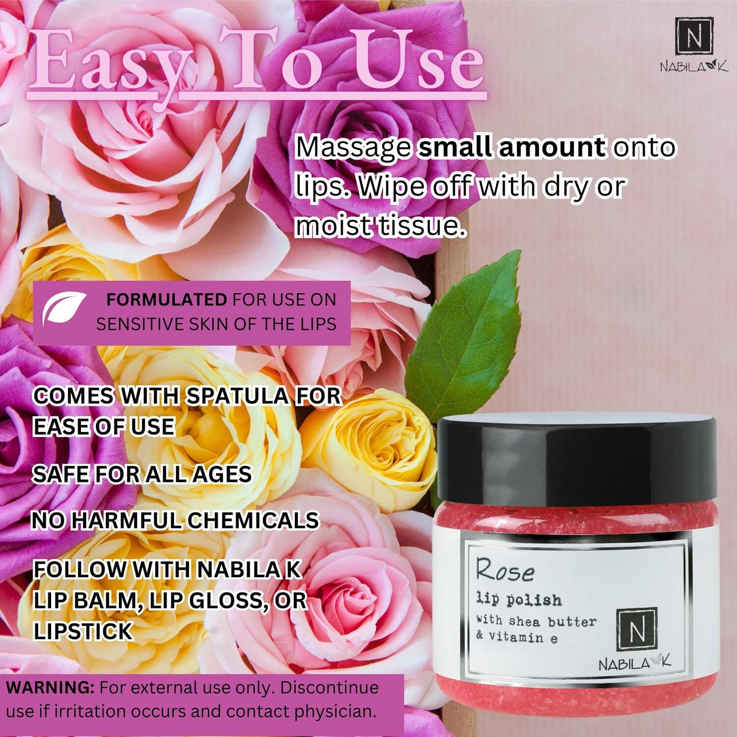Nabila K Rose Lip Polish for Women & Men - Natural Sugar Exfoliator with Organic Rose Extract, Honey & Vitamin E, Hydrating, Cruelty-Free, Made in USA Beauty and Personal Care Nabila K