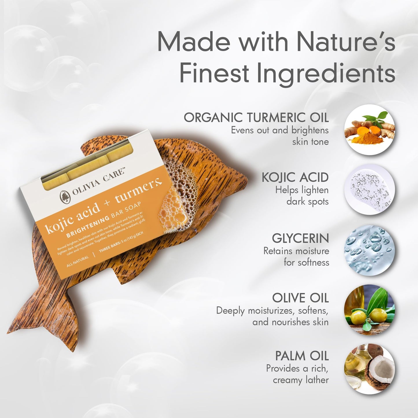 Olivia Care Kojic Acid & Turmeric Bar Soap, Brightening Facial & Body Cleanser, Helps Improve the Appearance of Uneven Skin Tone, Natural-Inspired Beauty & Personal Care Olivia Care