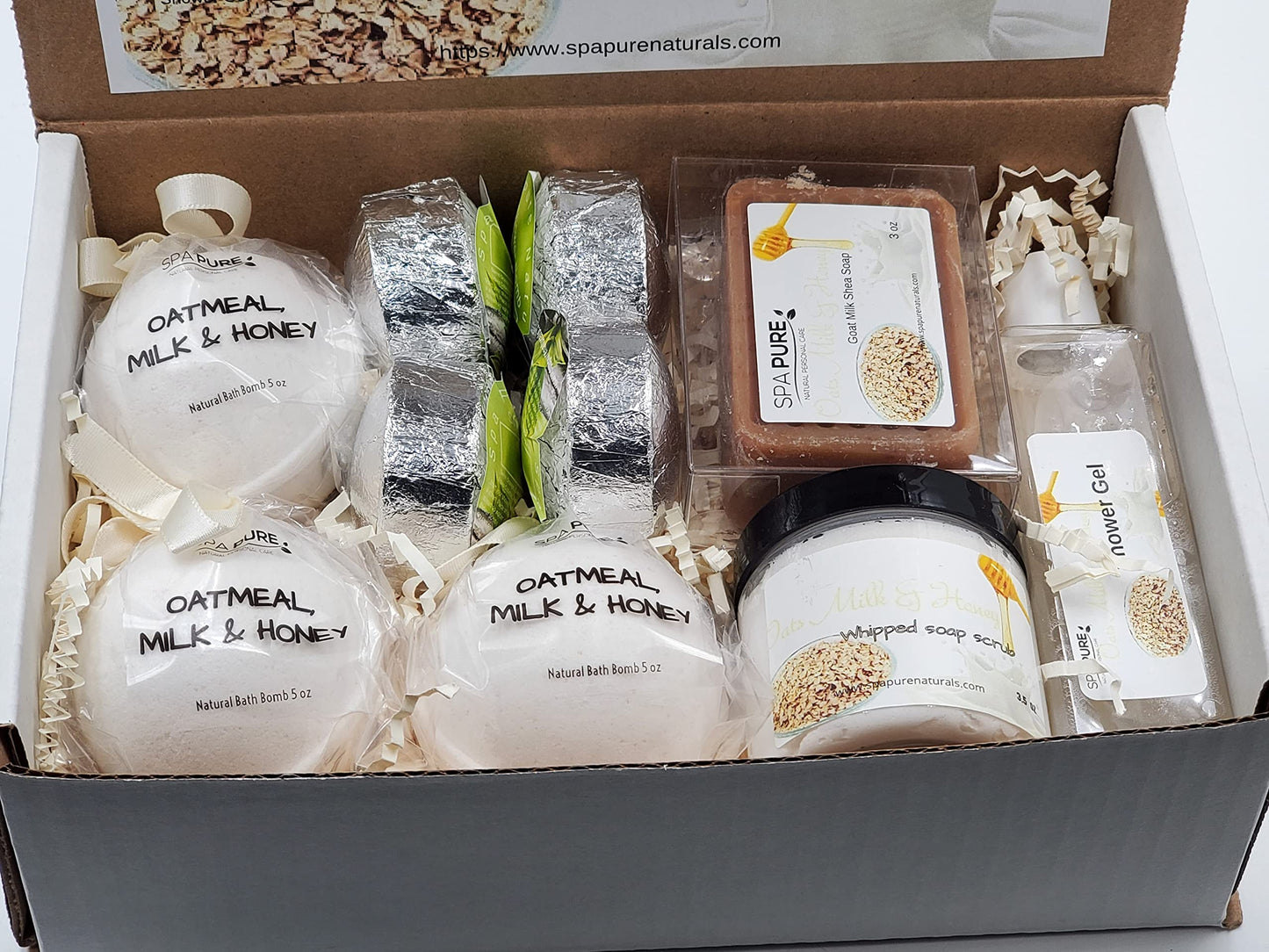 Spa Pure Luxury Spa Kit - 3 XL Bath Fizzies, 2 XL Shower Steamers, 3.5 oz Whipped Soap Scrub, Goat Milk Soap, Shower Gel (Oatmeal Milk & Honey) Beauty and Personal Care Spa Pure