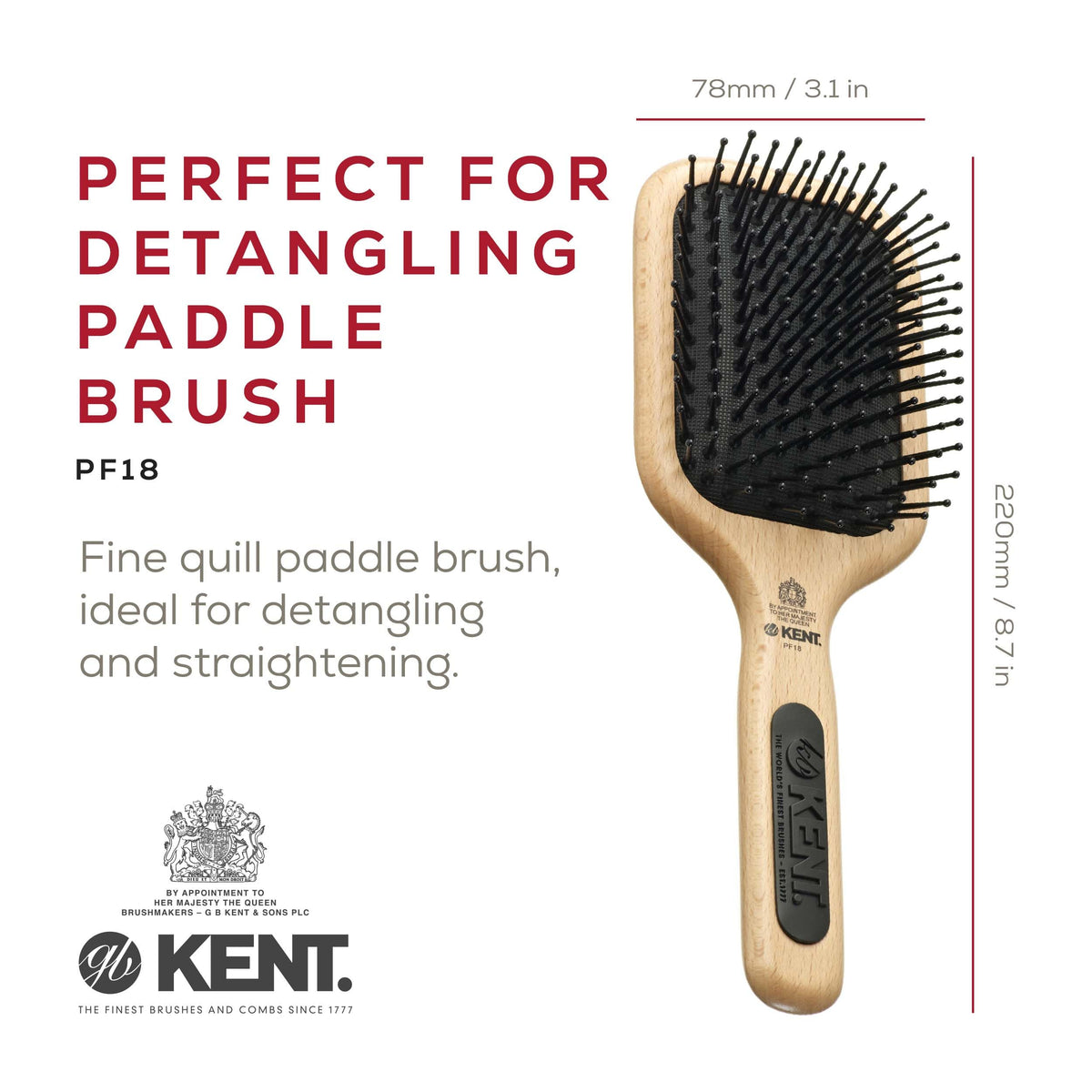 Kent PF18 Medium Cushion Paddle Brush - Detangling for Fine, Long, Thick and Curly Hair, Scalp Massager and Growth Stimulator, Wet or Dry Use. Made in