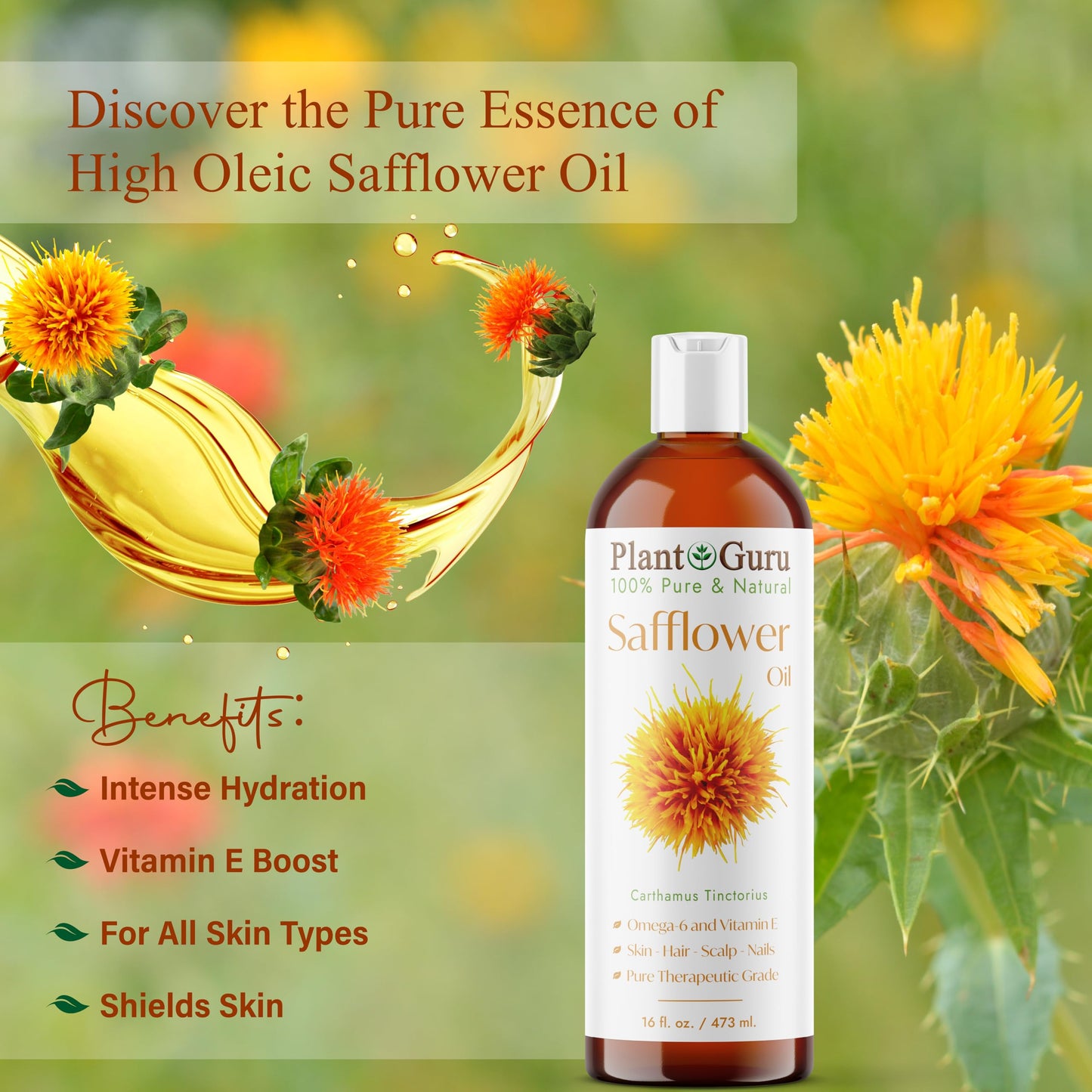 Plant Guru Safflower Oil 8 fl. oz. - Cold Pressed, 100% Pure & Natural Carrier for Skin, Face, Body, Hair, and Cooking. Great for DIY Creams, Lotions Beauty & Personal Care Plant Guru