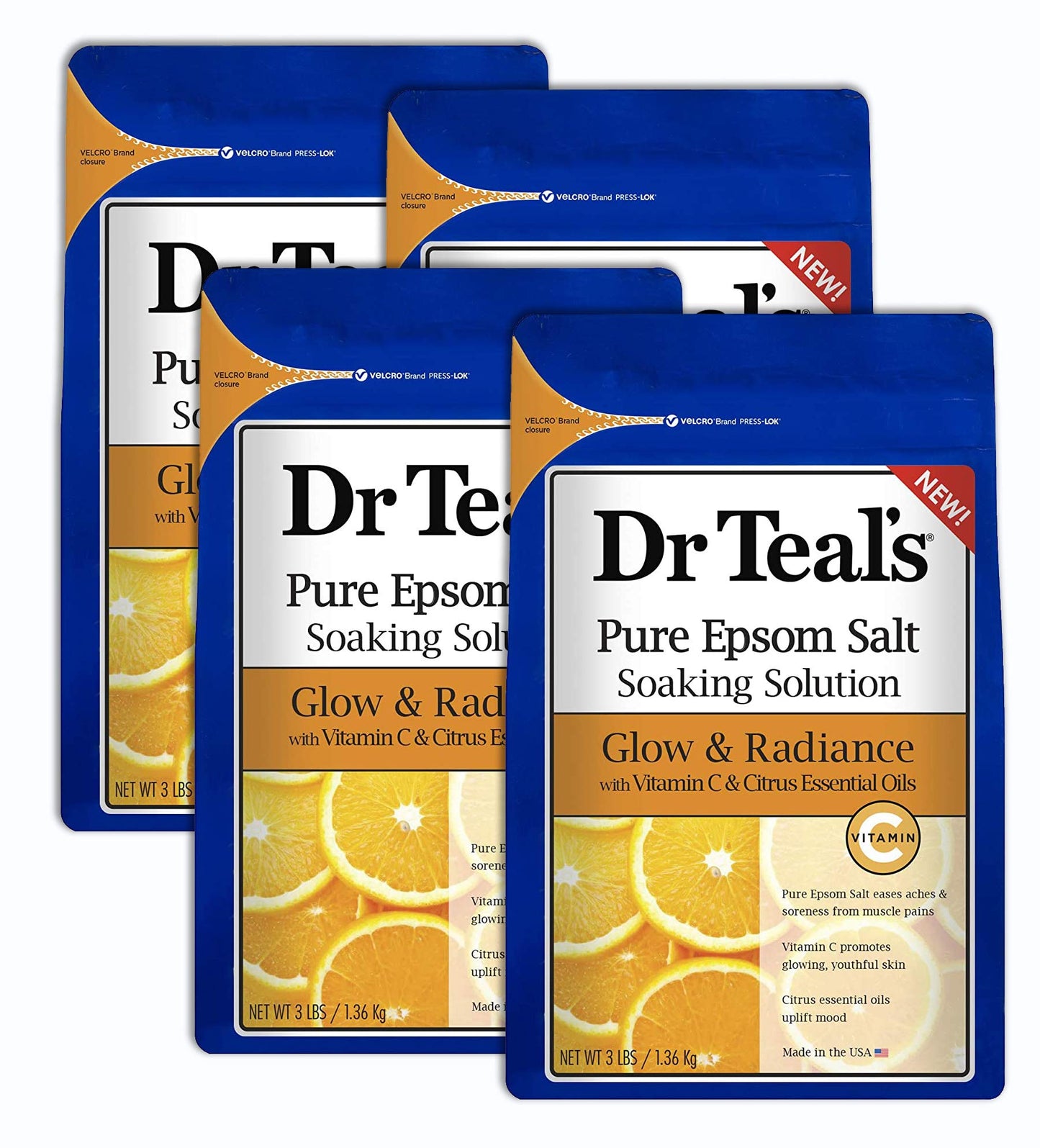 Dr. Teal's Vitamin C & Citrus Salt Bath Gift Set (4 Pack, 3lbs Ea.) - Glow & Radiance Vitamin C & Citrus Oils Blended with Pure Epsom Salt - Promote Beauty and Personal Care Dr Teal's