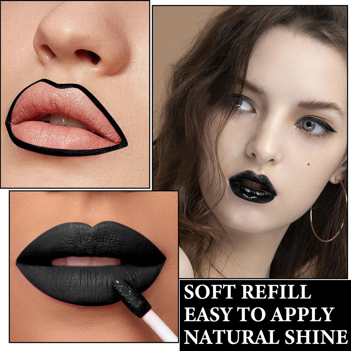 Black Matte Liquid Lipstick,3 in 1 Black Lip Liner and Lipstick Set,Matte Lip Gloss Long Lasting Moisturizing Velvet Lipgloss Make Up Gift Set Cosplay Beauty & Personal Care BKPPLZP