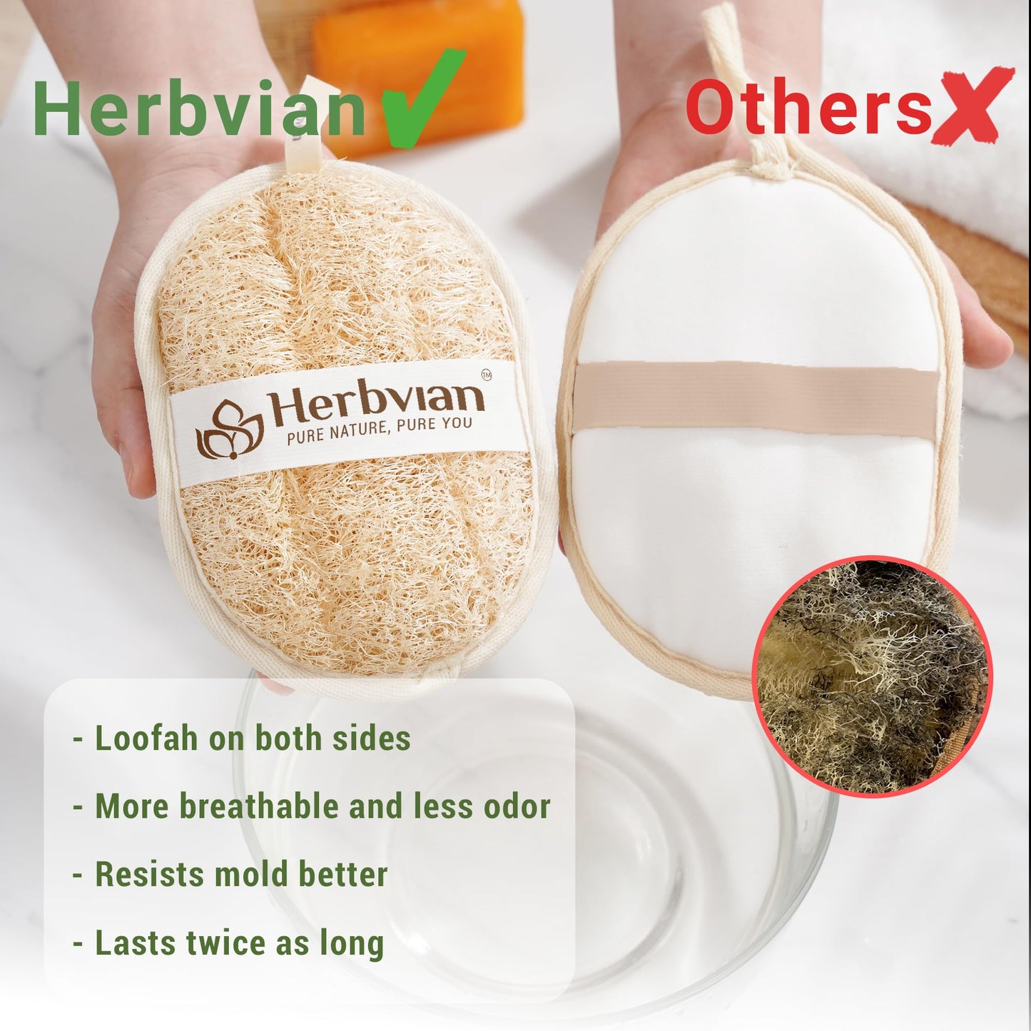 Herbvian Vietnamese Natural Loofah Exfoliating Body Scrubber Pads, 100% Plant-Based Shower Luffa Sponge, Bath Loofah for Women Men (2, Pack of 2) Beauty and Personal Care Herbvian