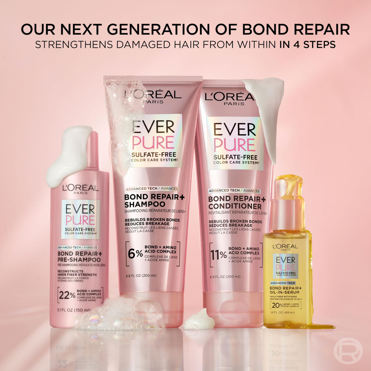 L'Oreal Paris Sulfate Free Bond Repair+ Shampoo and Conditioner Set with Bond + Amino Acid Complex, Strengthens and Repairs Damaged or Color Treated