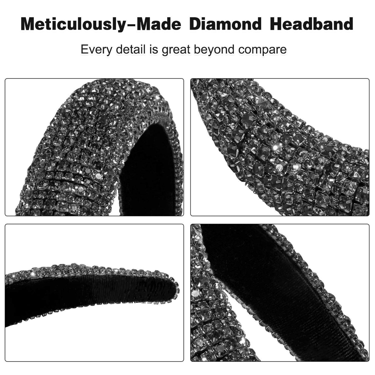 Women's Sparkling Bejewelled Crystal Diamond Headband Fashion Padded Velvet Fabric Wide Hairband Wedding Headpiece Party Durable Handmade Rhinestone