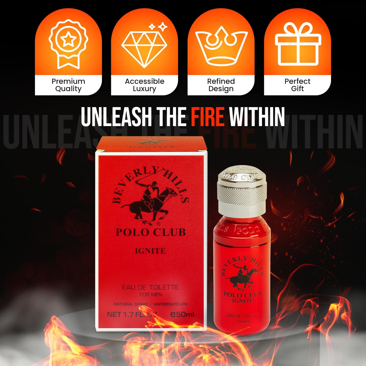 Beverly Hills Polo Club IGNITE Eau De Toilette for Men - Captivating Spicy Woody Fresh Scent Spray, 1.7 fl oz (50ml) Travel Size Beauty & Personal Care Beverly Hills Polo Club