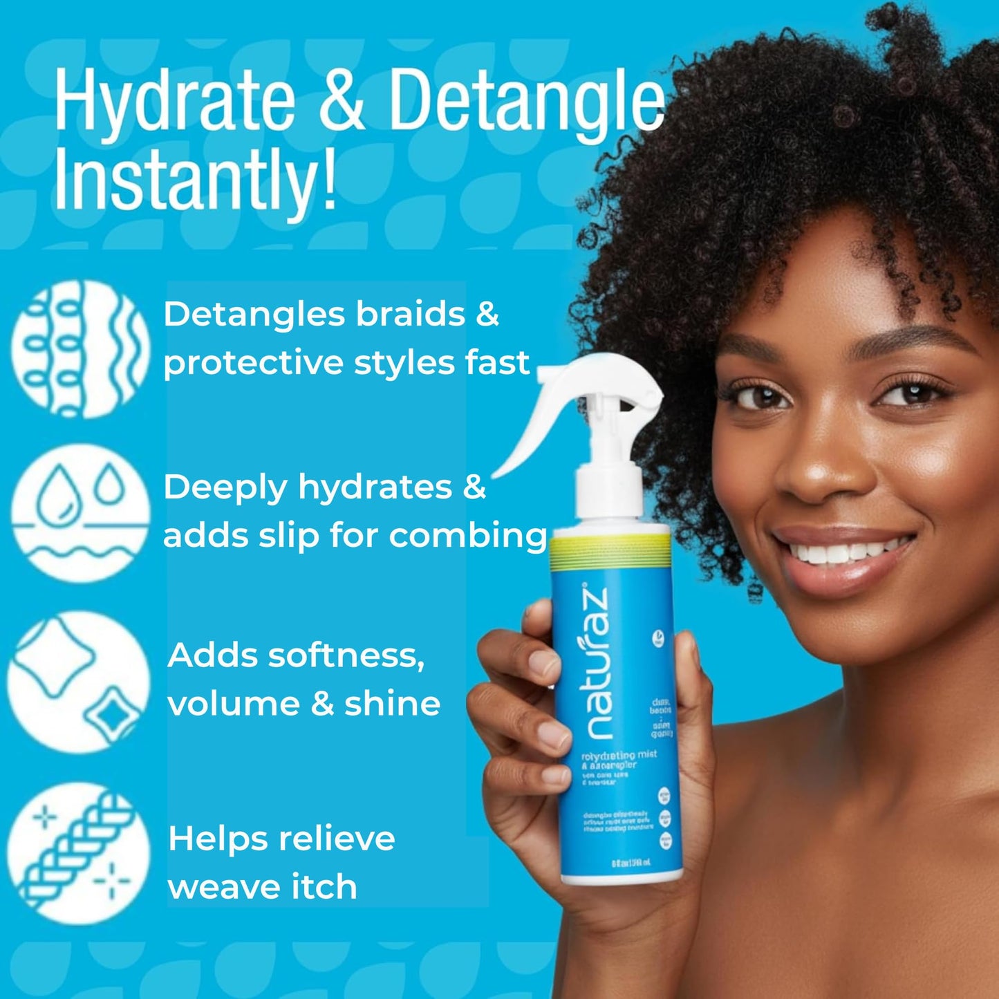 Naturaz Curly Hair Detangler Spray - Leave-In Conditioner Spray for Kids to Adults - Natural, Vegan - Softens Dry, Brittle, Damaged Curly and Coily Beauty & Personal Care Naturaz