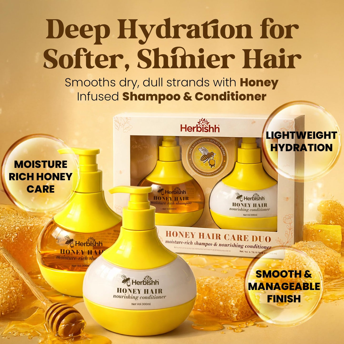 Herbishh Honey Shampoo & Conditioner Set (300 mL Each) Cleansing Shampoo for Buildup with Hydrating Conditioner for Dry & Damaged Hair, Shine Beauty & Personal Care Herbishh
