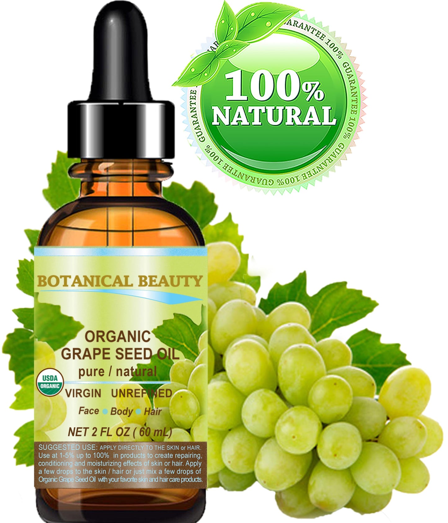 Botanical Beauty Organic GRAPE SEED OIL 100% Pure Natural VIRGIN UNREFINED Cold-Pressed Carrier Oil for Face, Skin, Body, Hair, Lip, Nails, Massage Beauty & Personal Care Botanical Beauty